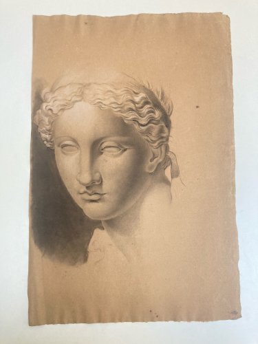 Grand Dessin A l antique Mine De Plomb 1850 Art Portrait Femme Crayon