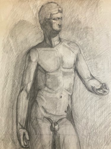 Grand  Dessin Académique Art Crayon 1958 homme Nu portrait Portrait Ancien