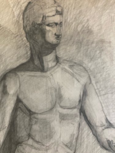 Grand  Dessin Académique Art Crayon 1958 homme Nu portrait Portrait Ancien