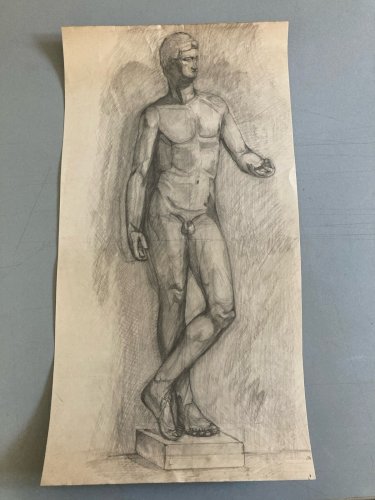 Grand  Dessin Académique Art Crayon 1958 homme Nu portrait Portrait Ancien