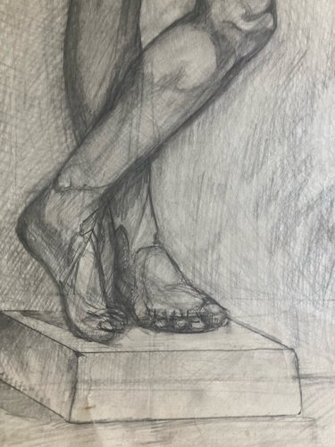 Grand  Dessin Académique Art Crayon 1958 homme Nu portrait Portrait Ancien