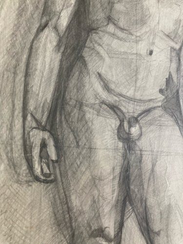 Grand  Dessin Académique Art Crayon 1958 homme Nu portrait Portrait Ancien