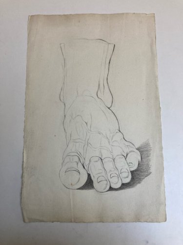 Grand Dessin antique Statue Sculpture 1850 Art Portrait Pied Crayon XIXe