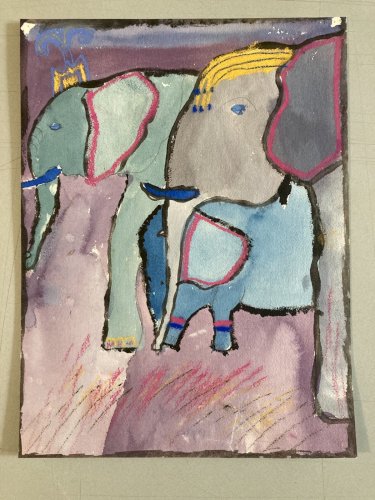 Grand Dessin Art Brut Cirque Éléphant 1980 Expressionniste Expressionnisme
