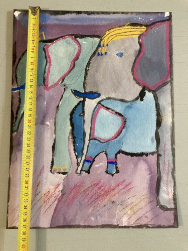 Grand Dessin Art Brut Cirque Éléphant 1980 Expressionniste Expressionnisme