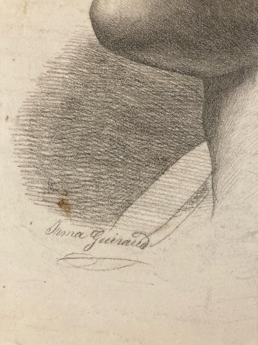Grand Dessin Crayon Portrait Homme XIXe Art Rome Romain Art Casque Soldat Ancien