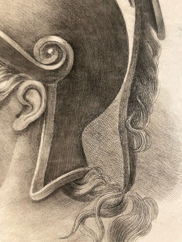 Grand Dessin Crayon Portrait Homme XIXe Art Rome Romain Art Casque Soldat Ancien