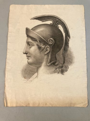Grand Dessin Crayon Portrait Homme XIXe Art Rome Romain Art Casque Soldat Ancien