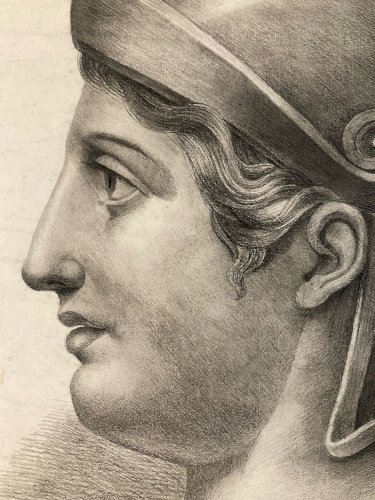 Grand Dessin Crayon Portrait Homme XIXe Art Rome Romain Art Casque Soldat Ancien