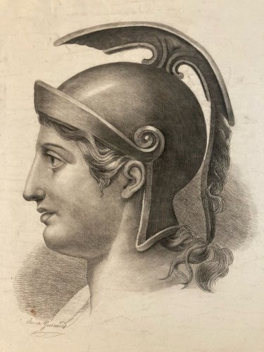 Grand Dessin Crayon Portrait Homme XIXe Art Rome Romain Art Casque Soldat Ancien