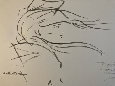 Grand Dessin Daniel Schintone DESSIN Encre  Portrait Expressioniste Femme Vent