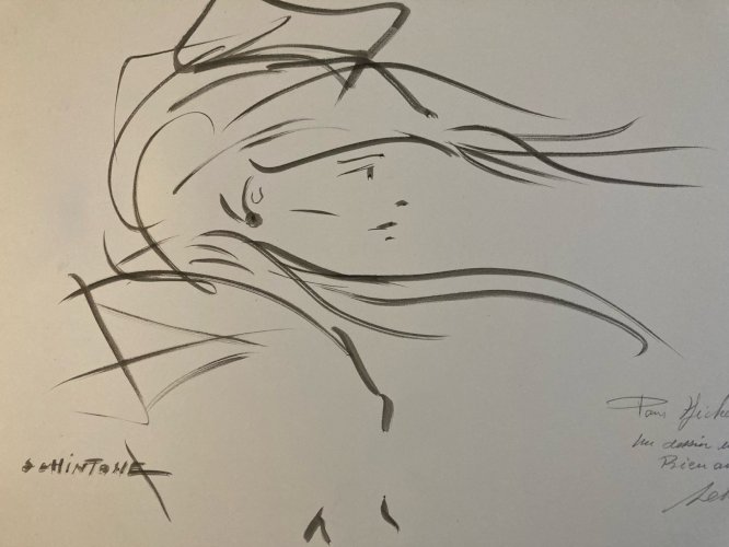 Grand Dessin Daniel Schintone DESSIN Encre  Portrait Expressioniste Femme Vent