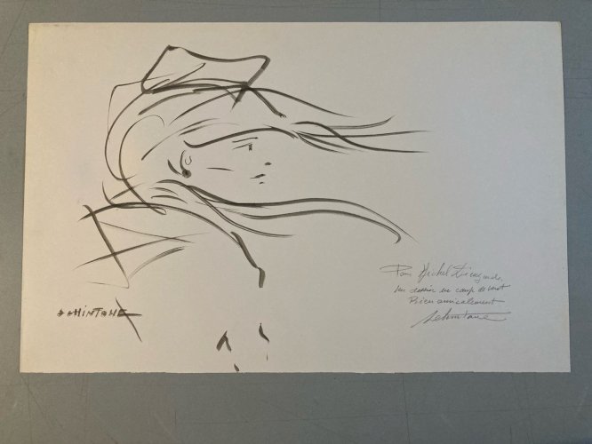 Grand Dessin Daniel Schintone DESSIN Encre  Portrait Expressioniste Femme Vent