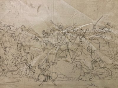 Grand Dessin D’Enfant 1854 Xixe  Art Brut Chevalier Cheval Chevaux Bataille