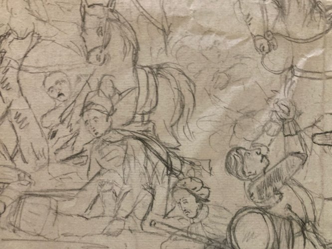 Grand Dessin D’Enfant 1854 Xixe  Art Brut Chevalier Cheval Chevaux Bataille