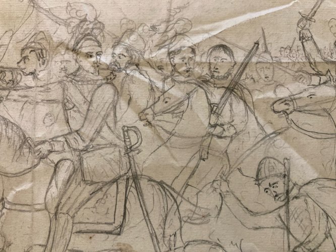 Grand Dessin D’Enfant 1854 Xixe  Art Brut Chevalier Cheval Chevaux Bataille