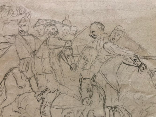 Grand Dessin D’Enfant 1854 Xixe  Art Brut Chevalier Cheval Chevaux Bataille