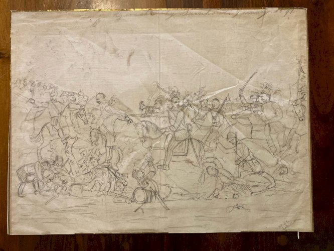 Grand Dessin D’Enfant 1854 Xixe  Art Brut Chevalier Cheval Chevaux Bataille