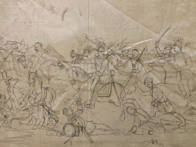 Grand Dessin D’Enfant 1854 Xixe  Art Brut Chevalier Cheval Chevaux Bataille