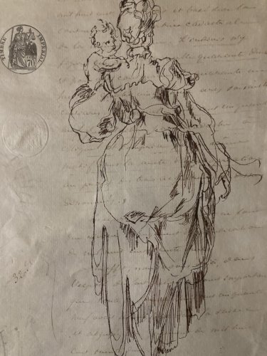 Grand Dessin encre femme italie XIXe portrait 1880 Copie Jacques Bellange