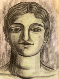 Large Charcoal Drawing on Paper Woman 1950 Portrait Bust to Identify Antique Art