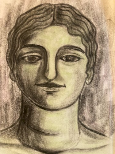 Grand Dessin Fusain Sur Papier Femme 1950 portrait Buste A Identifier Art Ancien