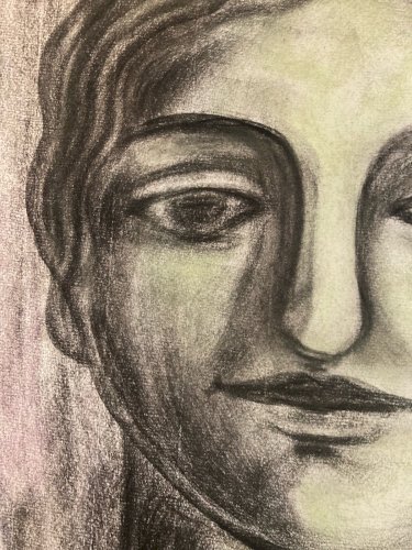 Grand Dessin Fusain Sur Papier Femme 1950 portrait Buste A Identifier Art Ancien