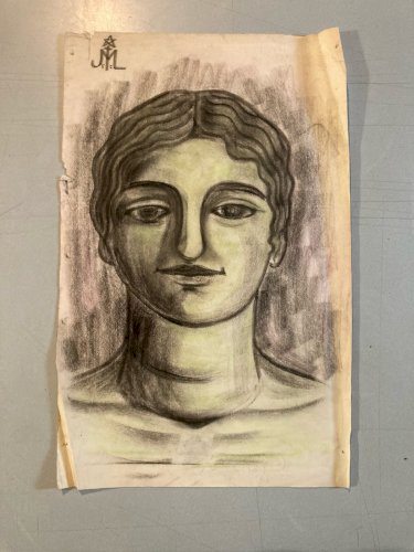 Grand Dessin Fusain Sur Papier Femme 1950 portrait Buste A Identifier Art Ancien