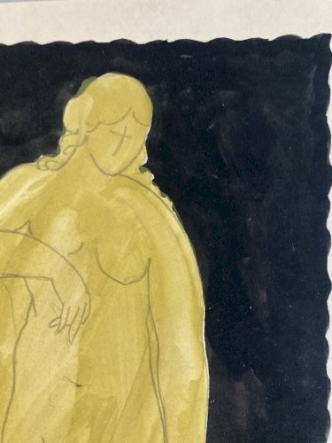Grand Dessin Gouache Papier Femme 1950 portrait Peinture A Identifier Atelier