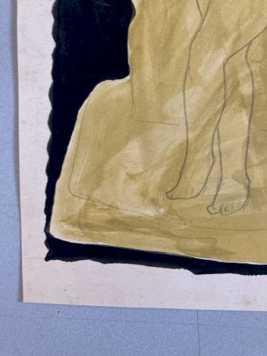 Grand Dessin Gouache Papier Femme 1950 portrait Peinture A Identifier Atelier