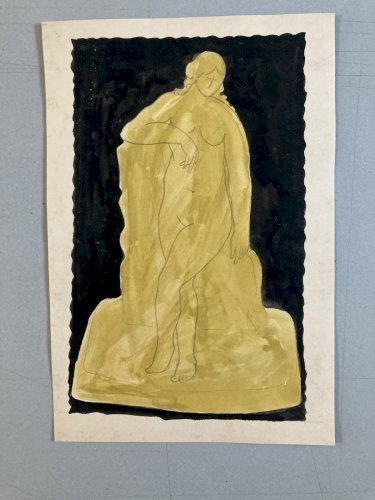 Grand Dessin Gouache Papier Femme 1950 portrait Peinture A Identifier Atelier