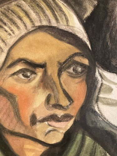 Grand Dessin Gouache Sur Papier Femme 1950 portrait Bretagne Breton Art Ancien