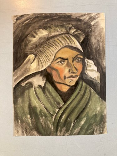 Grand Dessin Gouache Sur Papier Femme 1950 portrait Bretagne Breton Art Ancien