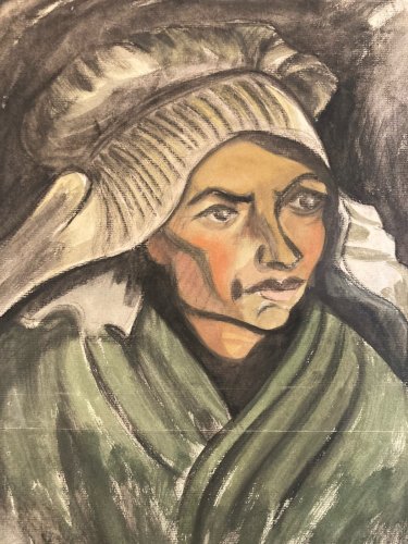Grand Dessin Gouache Sur Papier Femme 1950 portrait Bretagne Breton Art Ancien