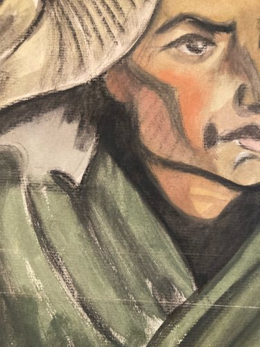 Grand Dessin Gouache Sur Papier Femme 1950 portrait Bretagne Breton Art Ancien