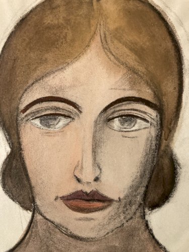 Grand Dessin Gouache Sur Papier Femme 1950 portrait Peinture A Identifier Ancien