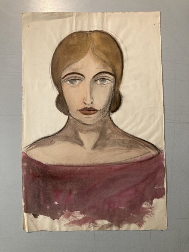 Grand Dessin Gouache Sur Papier Femme 1950 portrait Peinture A Identifier Ancien