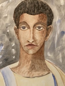 Large Gouache Drawing on Paper Man 1950 Portrait Painting to Identify Antique