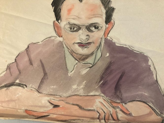 Grand Dessin Gouache Sur Papier Homme 1960 portrait Peinture A Identifier Ancien