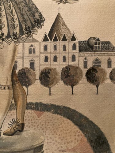 Grand Dessin Gouache Sur Papier Louis XIV Soleil Couronne Roi Versailles Château