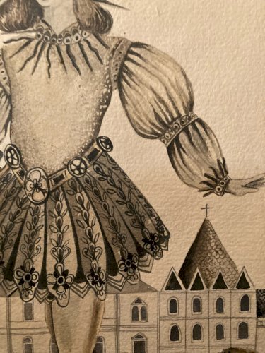 Grand Dessin Gouache Sur Papier Louis XIV Soleil Couronne Roi Versailles Château