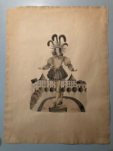 Grand Dessin Gouache Sur Papier Louis XIV Soleil Couronne Roi Versailles Château