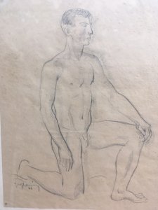 Grand Dessin Homme Nu 1946 Agenouillé Mine Plomb Fusain XXe A Identifier