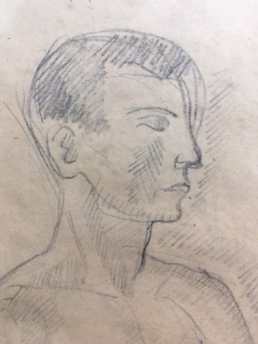 Grand Dessin Homme Nu 1946 Agenouillé Mine Plomb Fusain XXe A Identifier