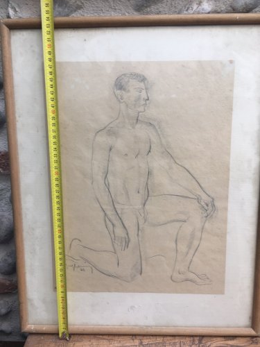 Grand Dessin Homme Nu 1946 Agenouillé Mine Plomb Fusain XXe A Identifier