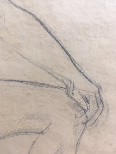 Grand Dessin Homme Nu 1946 Agenouillé Mine Plomb Fusain XXe A Identifier