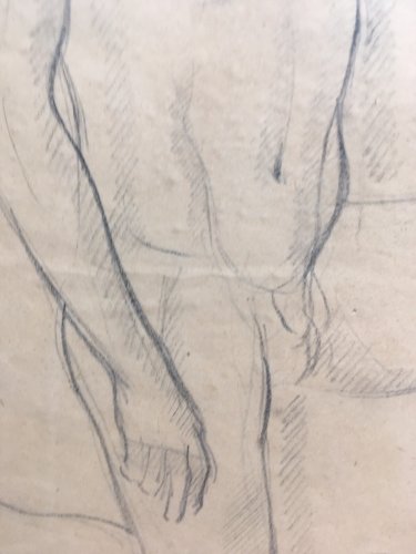 Grand Dessin Homme Nu 1946 Agenouillé Mine Plomb Fusain XXe A Identifier