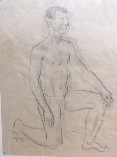 Grand Dessin Homme Nu 1946 Agenouillé Mine Plomb Fusain XXe A Identifier