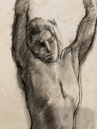 Grand Dessin Homme Nu Debout 1960 Mine Plomb Fusain À Identifier Art XXe