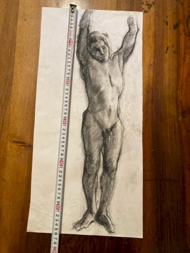 Grand Dessin Homme Nu Debout 1960 Mine Plomb Fusain À Identifier Art XXe
